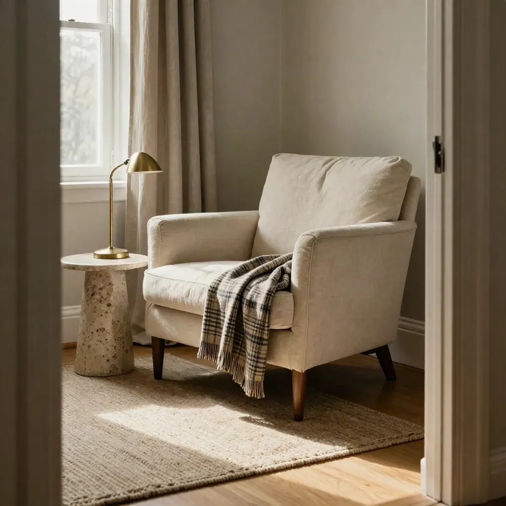 Rustige coachinghoek met fauteuil, plaid en lamp in warm middaglicht.