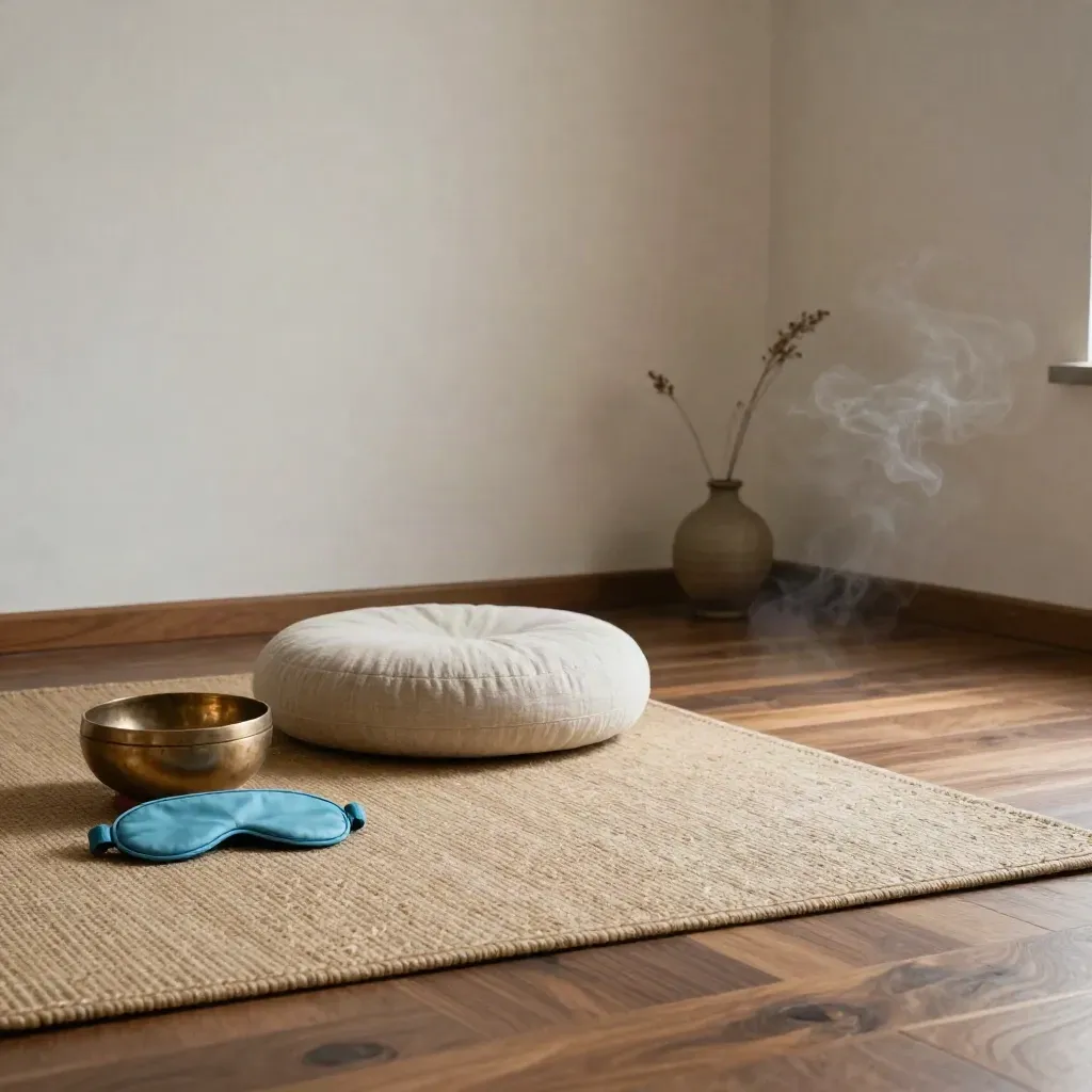 Stille mindfulnessruimte met mat, kussen, klankschaal, oogkussen en zachte rook.
