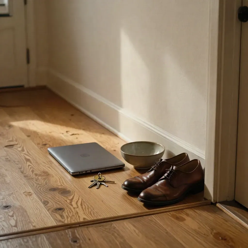 Halhoek met gesloten laptop, sleutels, nette schoenen en keramische schaal in warm avondlicht.