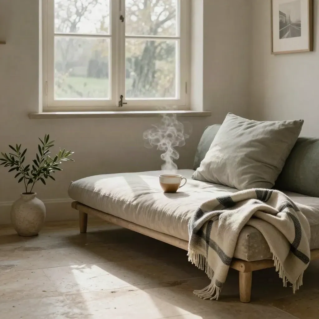 Stille coachinghoek met chaise longue, meditatiekussen, dampende theekom en zacht ochtendlicht.