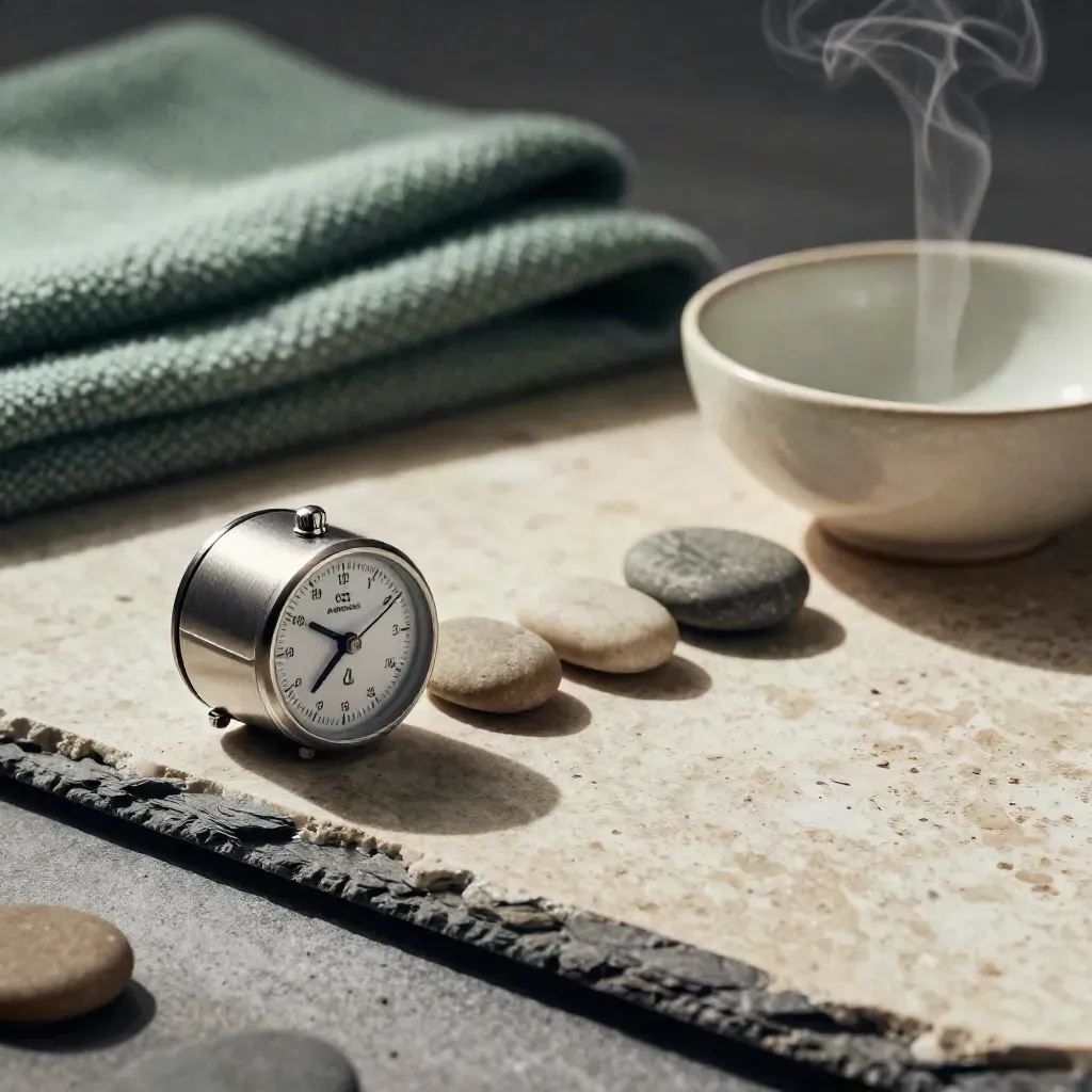 Stressplan-kit met timer, gladde stenen, plaid en schaaltje op travertin.