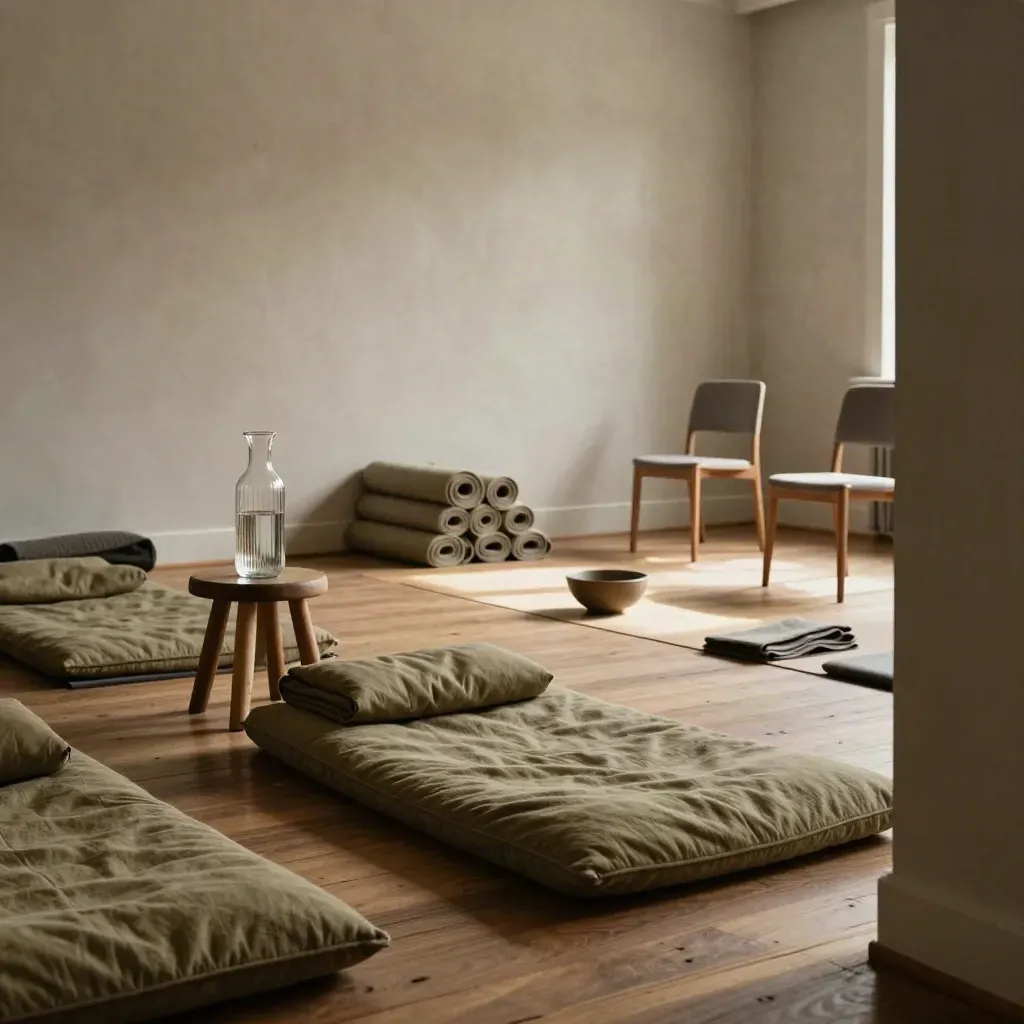 Lege workshopruimte met kussens, matten, karaf en stoelen in warm licht.
