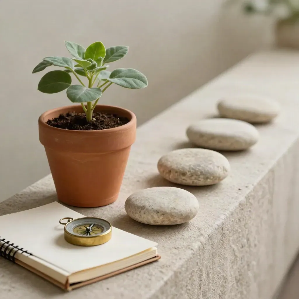 Stille groeisfeer met plantje, gesloten notitieboek, kompas en drie stapstenen op linnen.