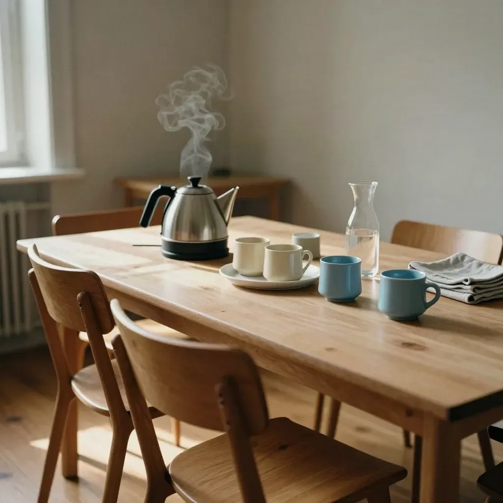 Rustige teamruimte met stoelen, warme ketelstoom en zachte ochtendzon.