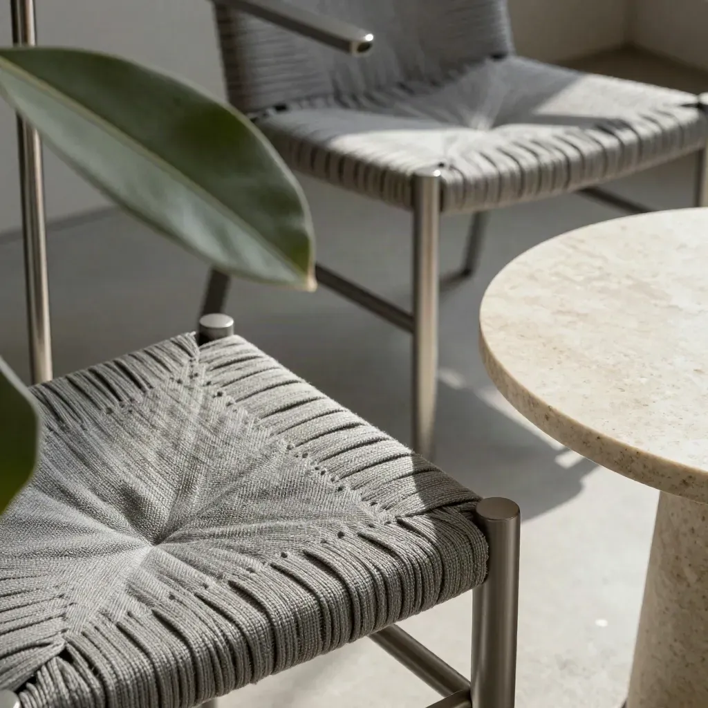 Lege kantoorstoelen, lamp en plantenhoek in rustige pauzeruimte met middaglicht.