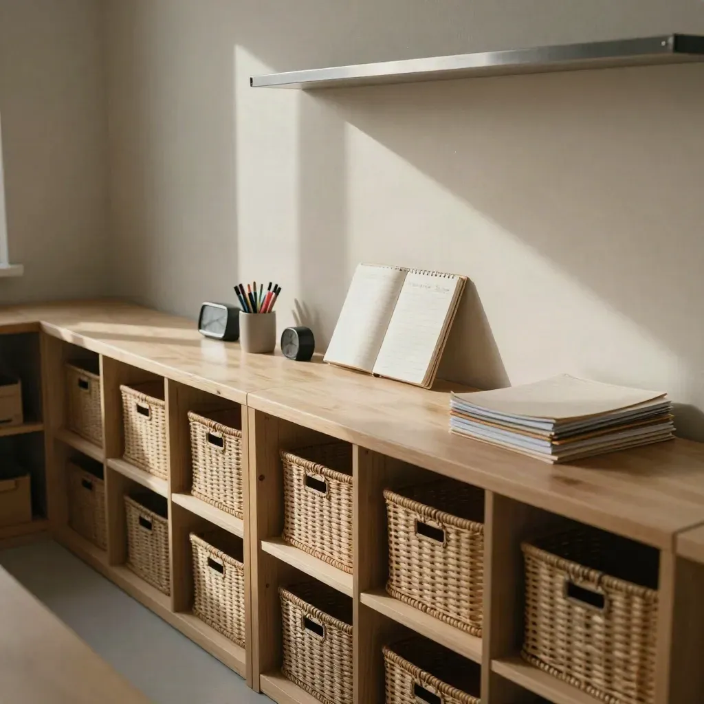 Stille schoolvoorbereidingsruimte met cubbies, timer en gesloten planner in ochtendllicht.