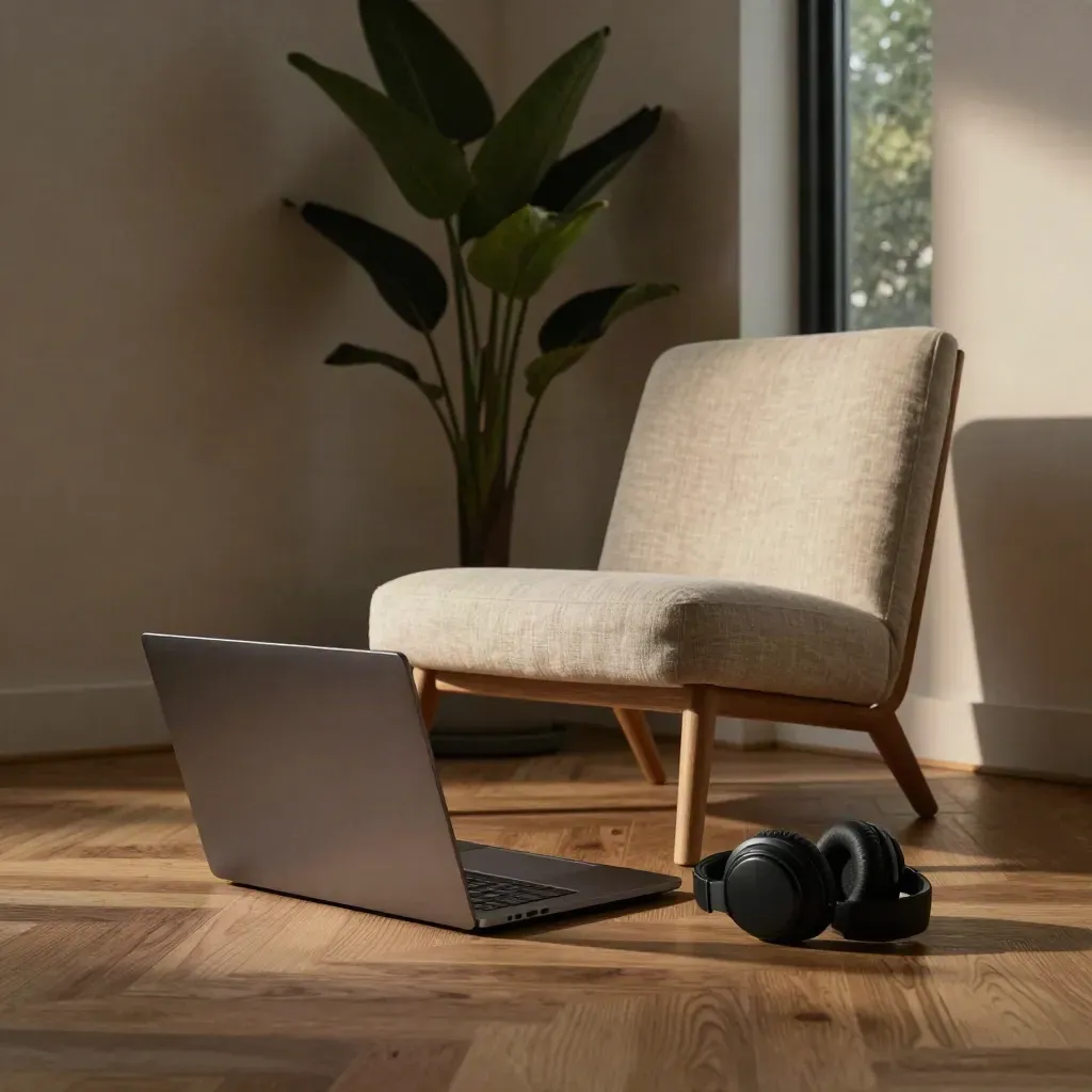 Stille thuiswerkhoek met gesloten laptop, koptelefoon, stoel en plant bij het raam in dramatisch licht.