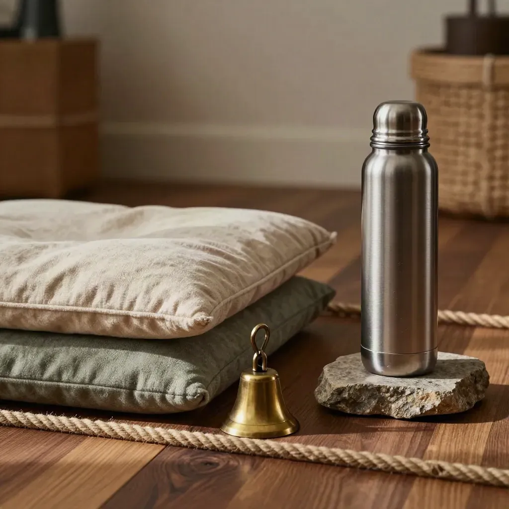 Workshopset met kussens, belletje, touwring en thermos in warm licht.