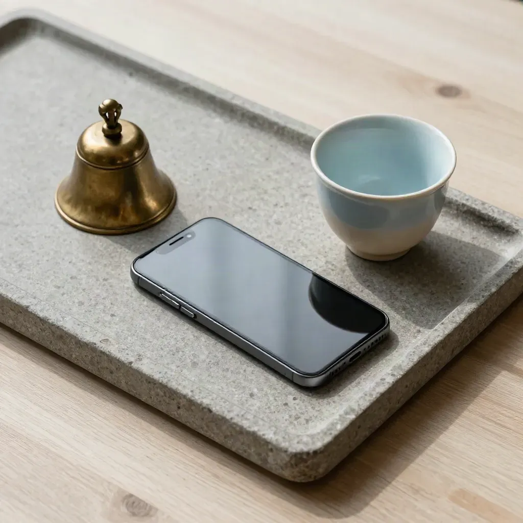 Telefoon, kopje en messing bel op een stenen tray in bovenaanzicht.