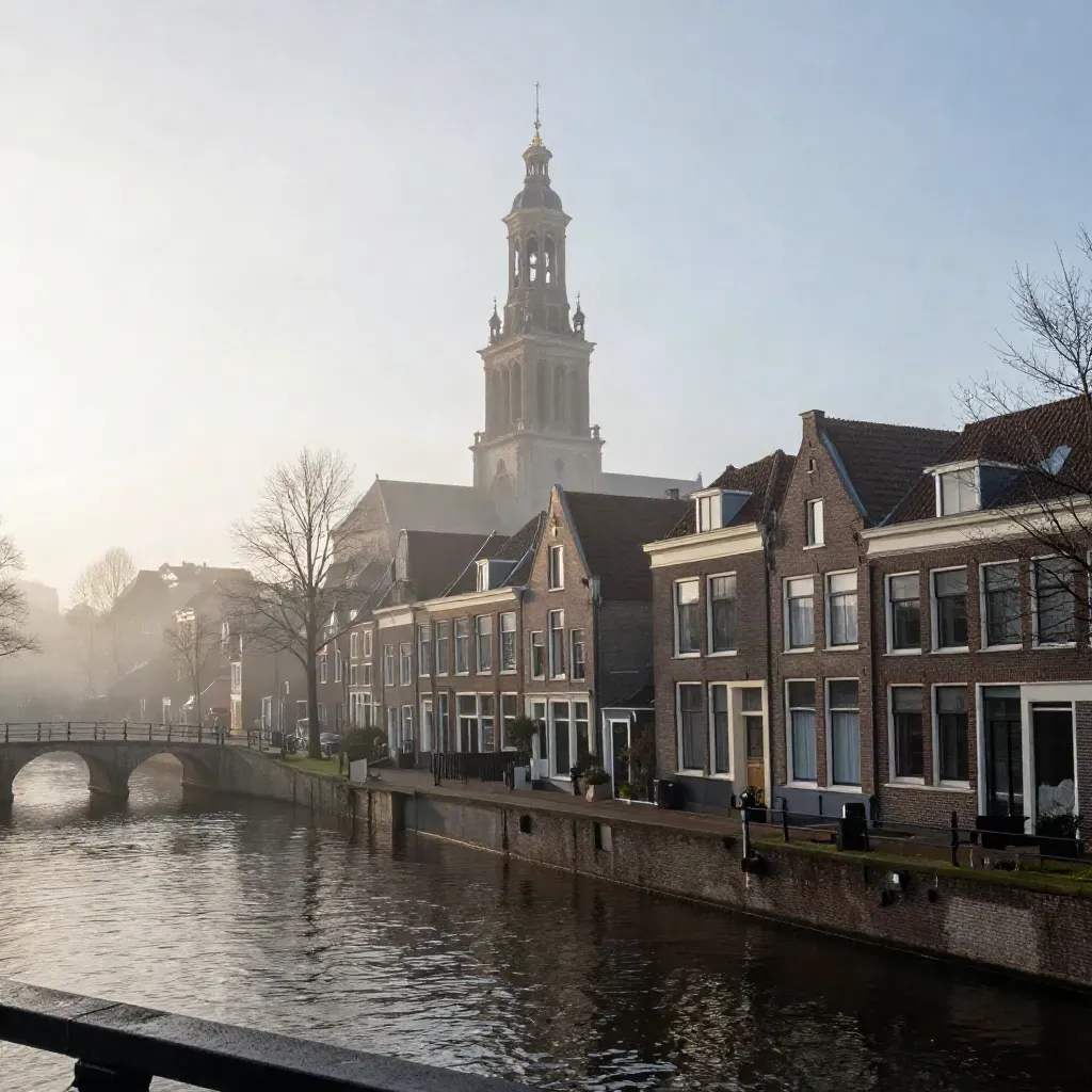 Haarlemse grachtengordel met toren in ochtendmist boven rustige gracht