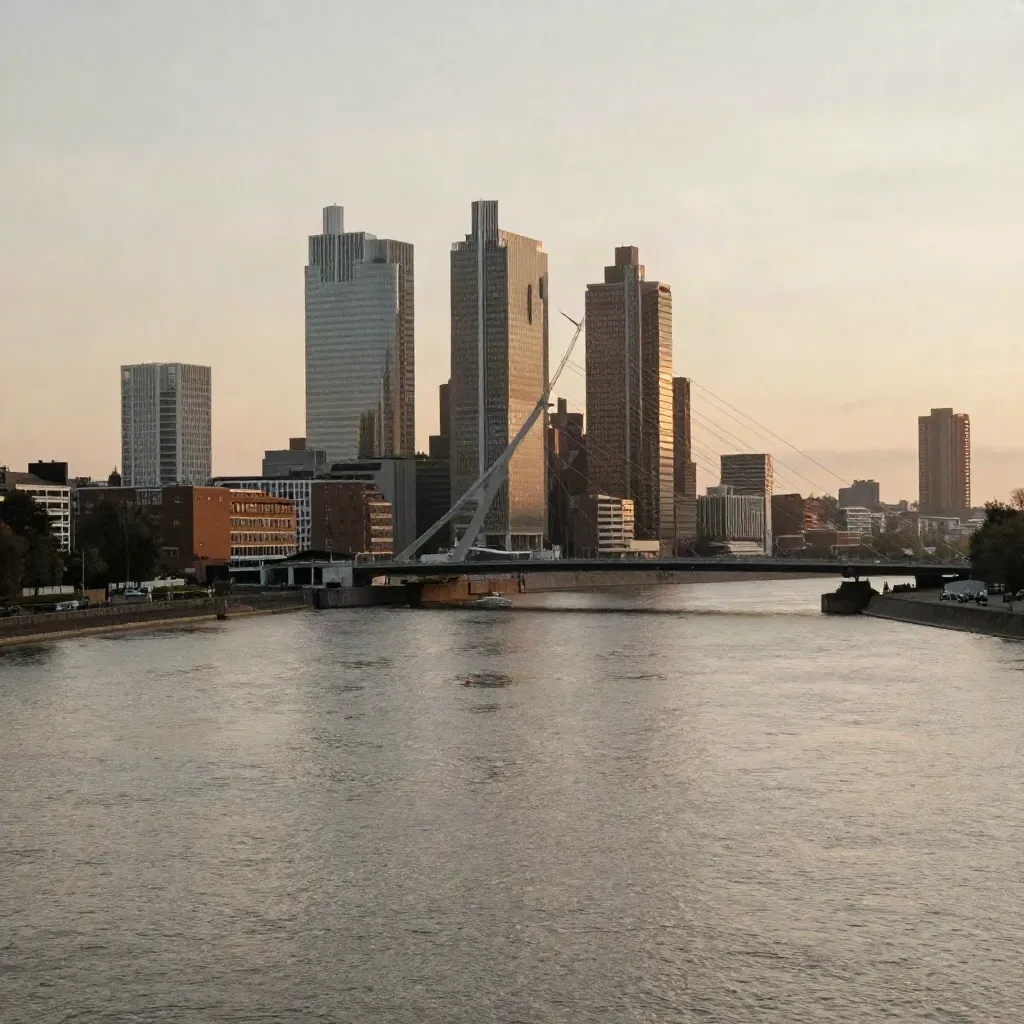 Rotterdamse skyline bij gouden zonsondergang met riviermist en brugboog