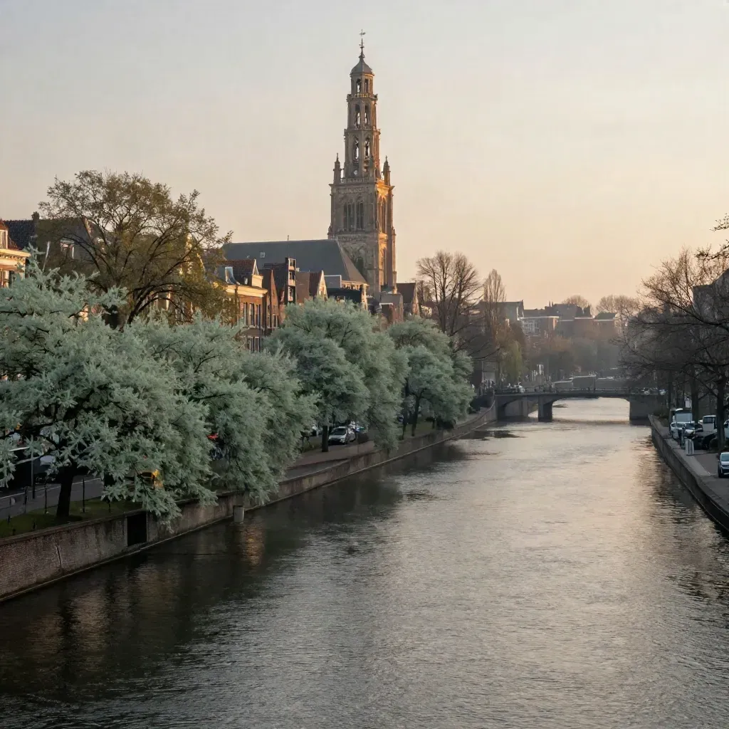 De Domtoren boven de Utrechtse grachten in zacht gouden avondnevel