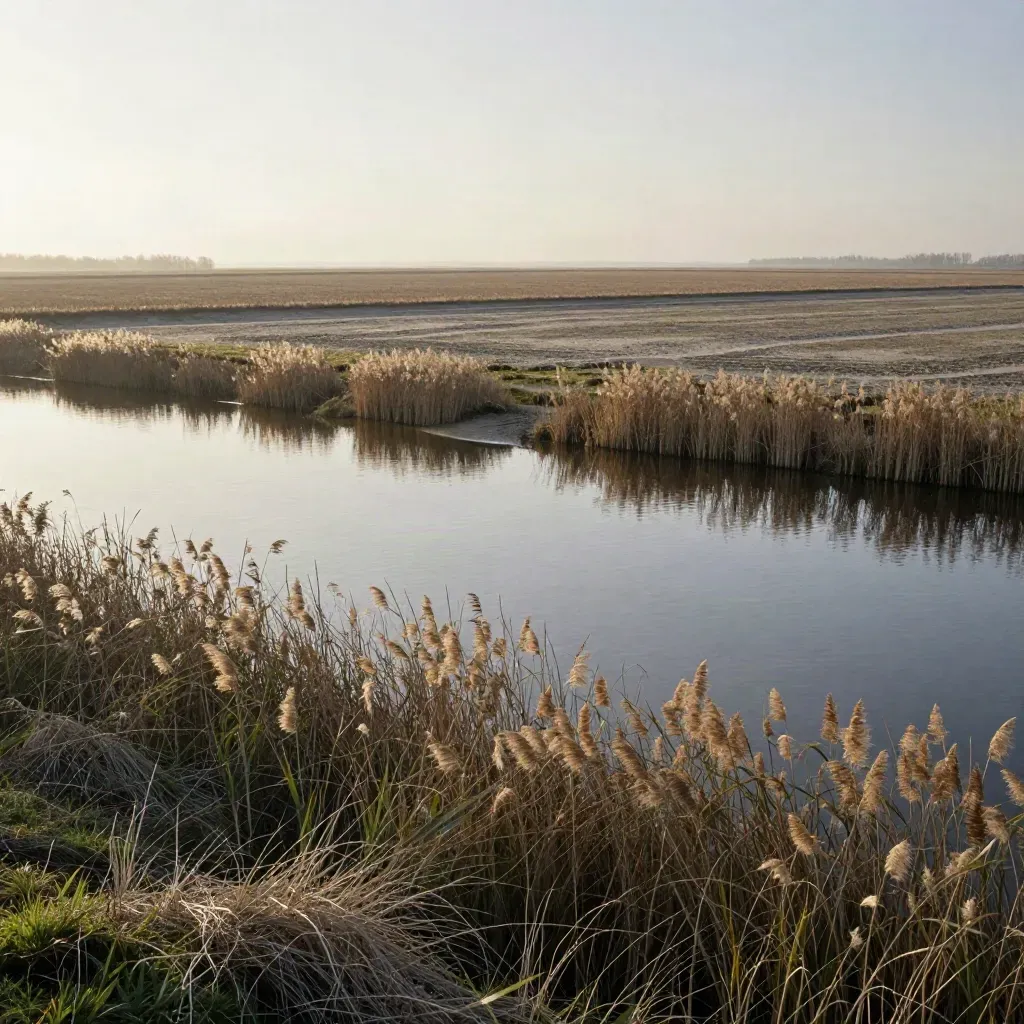 Wijd polderlandschap met riet, waterlijnen en zachte ochtendmist boven rustige ruimte voor tekst.